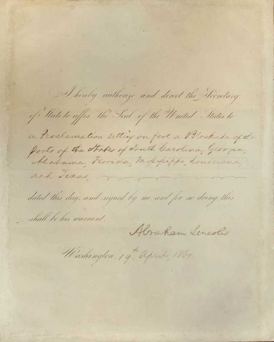 This photo provided by the Abraham Lincoln Presidential Library and Museum shows a document signed by President Lincoln in April 1861 ordering the blockade of southern United States ports after the Confederate attack on Fort Sumter started the Civil War.